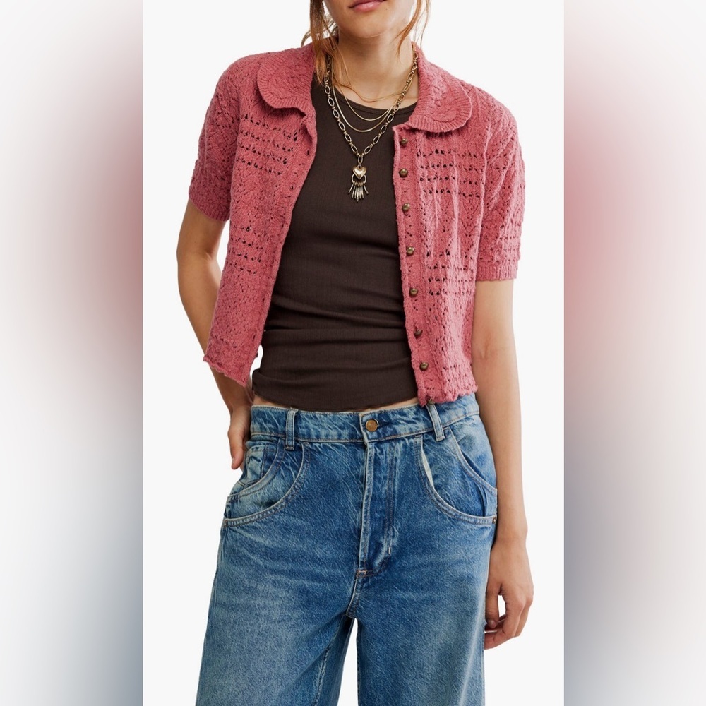 Free People Dusty Rose Crochet Short Sleeve Cardigan